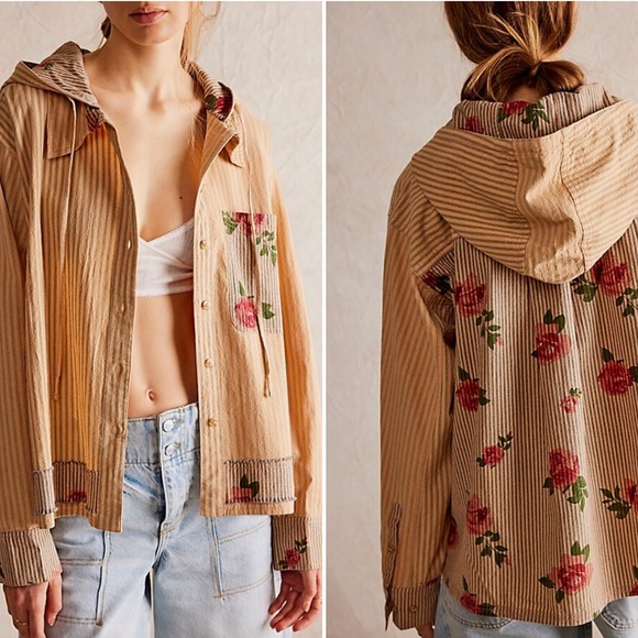 Free People We The Free About to Slide Hoodie Shirt - Floral Striped - Picture 2 of 6